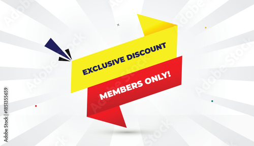 exclusive members only discount editable eps format web banner vector art illustration template design yellow red gradient shapes blue bold font white gray gradient abstract sun shine business backgro