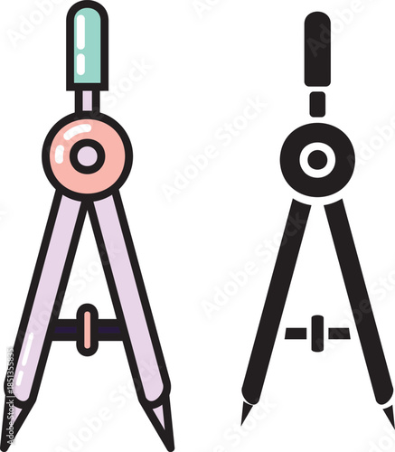 Stylized drawing compasses in pastel and silhouette styles. Ideal for math, geometry, and design visuals.