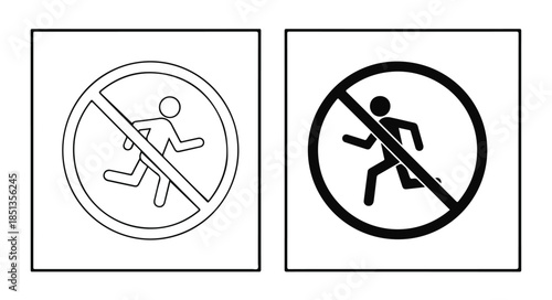 Two square signs with running stick figures crossed out in black and gray on a white background.