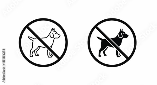 Two black and white no dogs allowed signs on a plain white background with line art style.