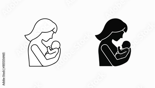 Line art illustration of a mother holding a baby in two contrasting styles, one in black and white on a clean white background.