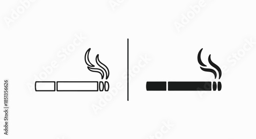 Simple line icons of a cigarette before and after being lit on a white background.