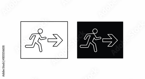 Two identical stick figure icons of a running person with an arrow pointing right, one on a white background and one on a black background.