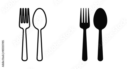 Flat lay of black and white cutlery icons including forks and spoons on a plain white background.