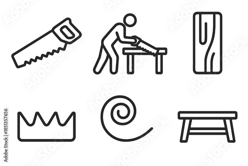 Carpenter Tools Icons. Line style icons of Saw Carpenter Cut: saw silhouette, carpenter stance, wood plank, tooth edge, chip arc,
