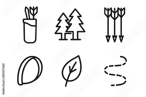 Quiver Forest Icons. Line style icons of Quiver Forest Hunt: quiver silhouette, forest trees, grouped arrows, strap arc, leaf hint