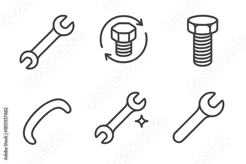 Fixline Wrench Icons. Line style icons of Fixline Wrench Set: tool form, bolt piece, fix motion, thread detail, grip arc, light