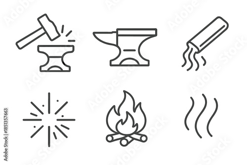 Metal Forge Icons. Line style icons of Metal Forge Scene: hammer arc, anvil base, molten bar, spark drift, fire trace, warm haze.