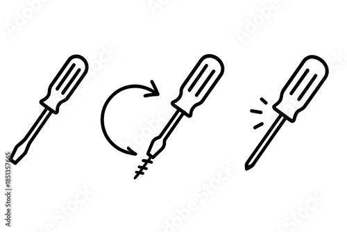 Screwdriver Line Icons. Line style icons of Screwdriver Twist Turn: screwdriver silhouette, twisting motion, turning screw, grip
