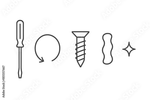 Twistridge Icons. Line style icons of Twistridge Driver: slim tool, turn arc, screw form, grip contour, thread wave, faint shine.