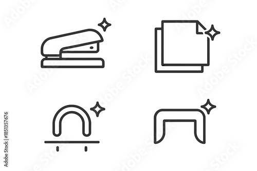 Stapler Line Art Icons. Line style icons of Stapler Paper Bind: stapler silhouette, stacked paper, binding arc, staple line, grip