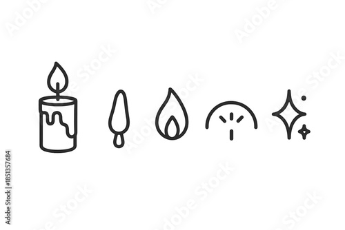 Glowwax Candle Icons. Line style icons of Glowwax Candle Scene: candle form, wax flow, bright flame, wick trace, radiance arc,
