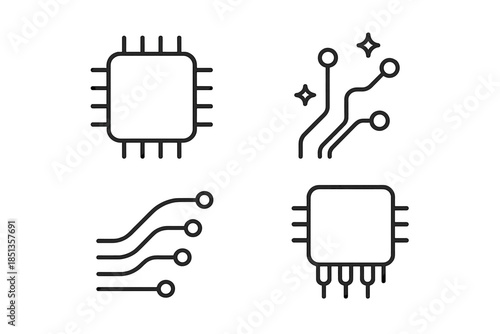 Chip Circuit Icons. Line style icons of Chip Circuit Tech: microchip silhouette, circuit lines, tech nodes, board arc, pin edge,