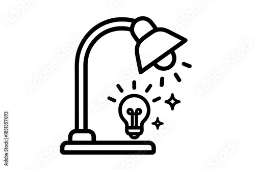Minimalist Desk Lamp Icons. Line style icons of Desk Beam Idea: lamp arc, shining bulb, idea cue, joint bend, base line, mild
