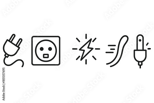 Powercord Icon Art. Line style icons of Powercord Socket: plug arc, socket box, bright spark, cord motion, metal prong, soft light