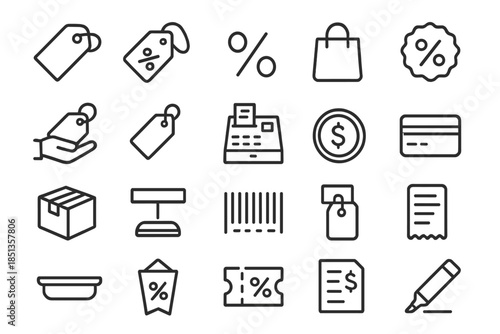 Discount Line Icons. Line style icons of Price Tag Discount: price tag, discount label, percentage sign, shopping bag, sale