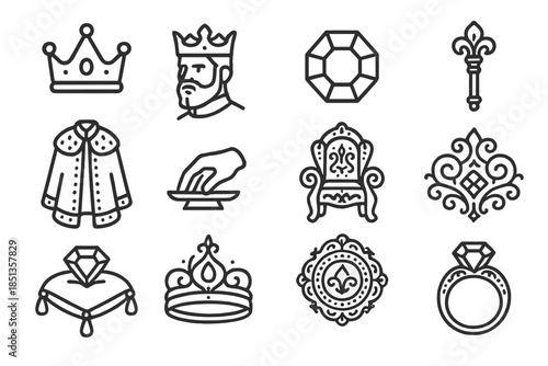 Regal Crown Elements. Line style icons of Crown King Gold: crown, king’s head, golden jewels, scepter, royal robe, hand hold,