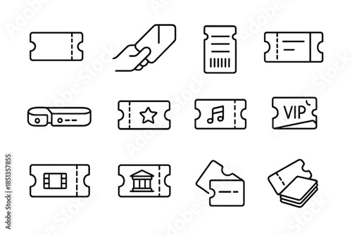 Event Ticket Icons. Line style icons of Ticket Stub Event: ticket stub, hand hold, perforated edge, event pass, barcode, seat