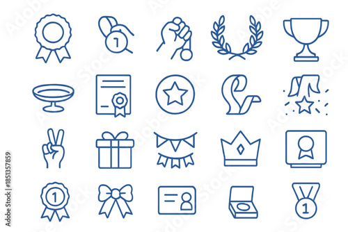 Award Icons Collection. Line style icons of Ribbon Blue Prize: blue ribbon, award medal, hand hold, laurel wreath, trophy, small
