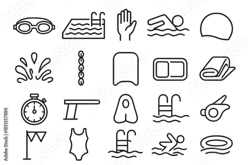 Swimming Essentials Icons. Line style icons of Swimming Essentials Set: swim goggles, pool, hand hold, swimmer silhouette, swim