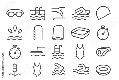 Recreational Swim Essentials. Line style icons of Recreational Swim Set: swim goggles, pool, hand hold, swimmer silhouette, swim