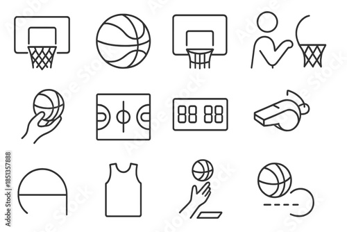 Basketball Icon Essentials. Line style icons of Court Basketball Tools: basketball hoop, ball, backboard, net, hand hold, court