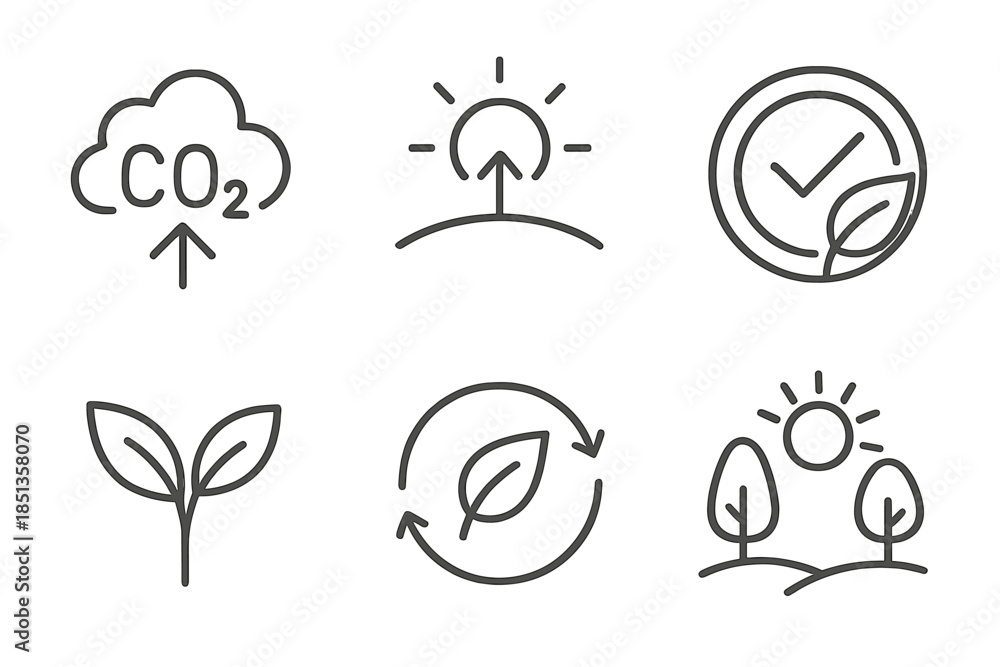 Fototapeta premium Climate-Positive Icons. Line vector icons of climate-positive visuals: CO₂ offset icon, atmospheric uplift, positive climate badge