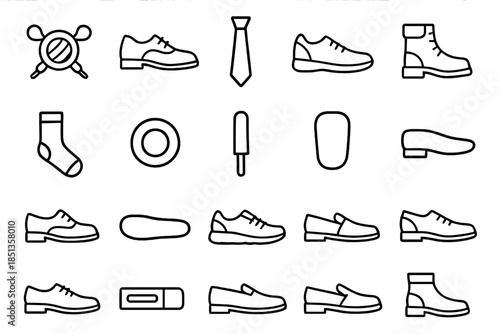 Shoe Element Icons. Line style icons of dress shoe elements: Lace, Shoe, Tie, Sneaker, Boot, Sock, Eyelet, Aglet, Tongue, Heel,