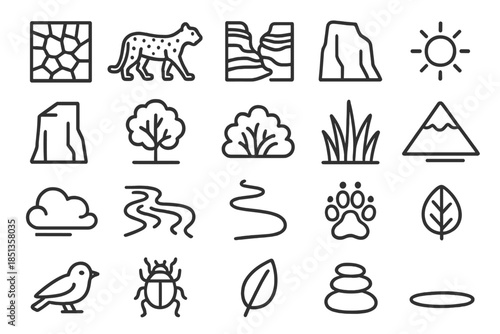 Wildlife Nature Icons. Line style icons of wildlife and nature: Mosaic, Leopard, Canyon, Rock, Cliff, Tree, Bush, Grass, Sun, Sky,