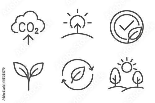Climate-Positive Icons. Line vector icons of climate-positive visuals: CO₂ offset icon, atmospheric uplift, positive climate badge
