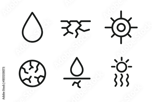 Climate Stress Icons. Line vector icons of climate stress indicators: drop icon, heat-dried soil, environmental stress mark,