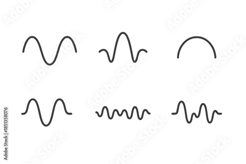 Harmonic Wave Patterns. Line vector icons of harmonic oscillation pattern: smooth wave, symmetric crest, periodic arc, balanced