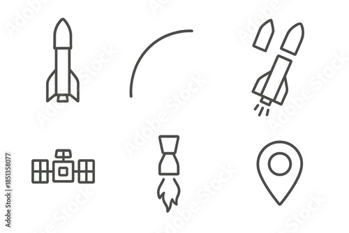 Satellite Deployment Icons. Line vector icons of satellite deployment mission: launcher outline, orbital curve, separation stage,