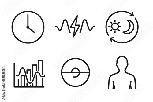 Metabolic Rhythm Icons. Line vector icons of metabolic rhythm flow: timed circle, energy wave, day–night loop, gentle pulse bar,