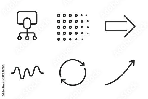 Quantum Transformation Icons. Line vector icons of quantum-era transformation: quantum module, fading transistor grid, evolution