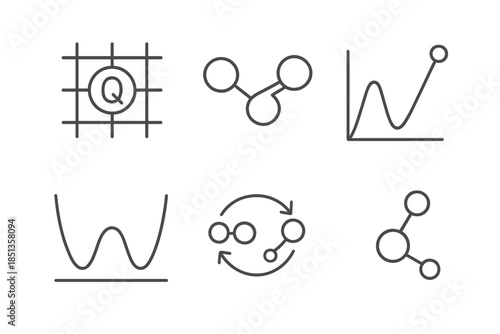 Quantum Molecular Design. Line vector icons of quantum-assisted molecular design: quantum grid, molecular bond shape, optimization