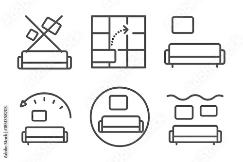 Anti-Random Furniture Icons. Line vector icons of anti-random furniture placement: crossed random hint, guided grid, furniture