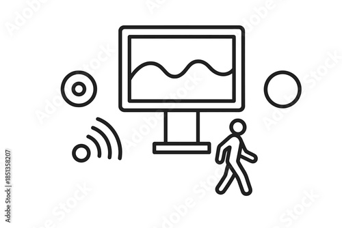 Responsive Street Ad Icons. Line vector icons of responsive street ad panel: billboard contour, proximity sensor dot, reaction arc