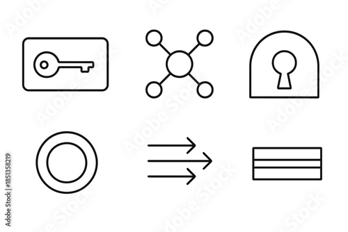 Digital Platform Icons. Line vector icons of all-in-one platform key: digital keycard, interconnected service nodes, access arc,