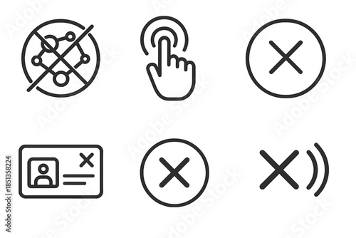 Unsubscribe Line Icons. Line vector icons of anti-friction unsubscribe: crossed complexity hint, simple tap icon, cancel arc,