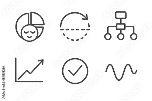 Automated Investing Icons. Line vector icons of passive automated investing: calm allocation wheel, auto-adjust arc, algorithm