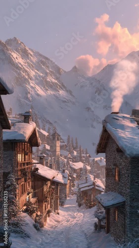 Cozy Snow Covered Mountain Village at Dawn with Warm Glowing Windows