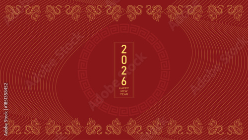 Luxury Flat Lunar New Year China Background with Red and Gold Dragon Ornament Circular Frame Wavy Line Pattern and Vertical Typography for Holiday Banner Poster and Digital Wallpaper