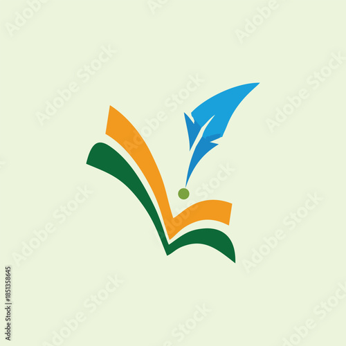 Abstract education logo showing an open book formed by green and orange pages with a blue feather pen above, symbolizing learning, writing, creativity, knowledge, and academic growth.