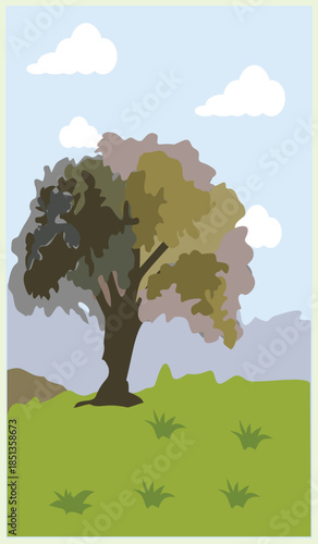 Stylized illustration of a single tree standing on green grass under a blue sky with soft clouds, featuring muted natural colors and a calm outdoor landscape atmosphere.