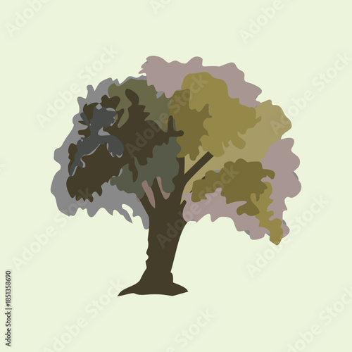 Minimalist illustration of a single tree with layered foliage in soft earthy tones, isolated on a light background, creating a calm, natural, and decorative nature-themed artwork.