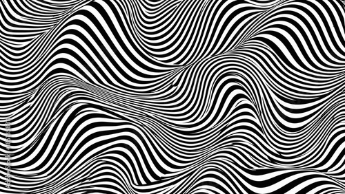 Dynamic black and white wavy curved lines creating an abstract optical illusion pattern on an isolated white background.