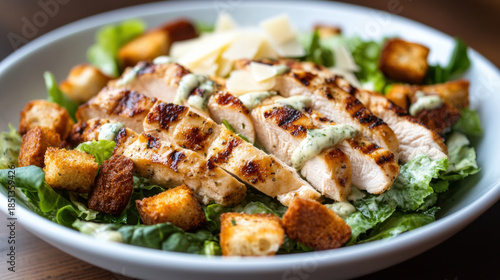 Bowl of chicken Caesar salad with sliced grilled chicken, crispy croutons, shaved parmesan, and creamy Caesar dressing on a clean white plate.