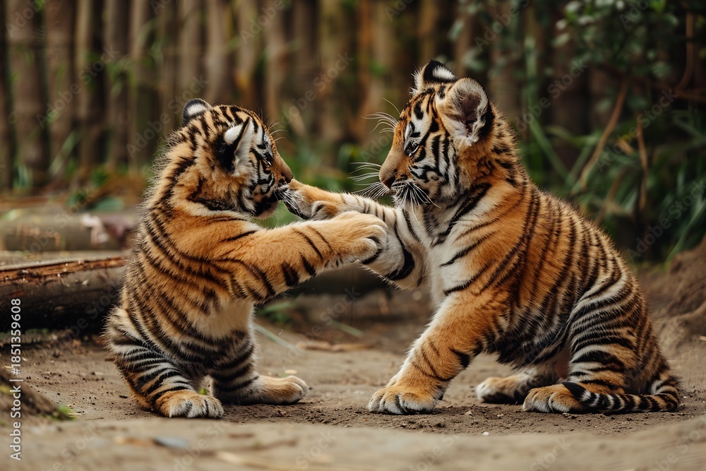 Fototapeta premium Tiger Cubs Playing Fight on Dirt Ground in Zoo