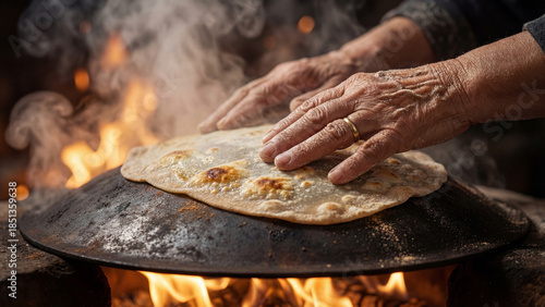 Traditional Baking of Qursan Bread on Iron Saj by Elderly Woman